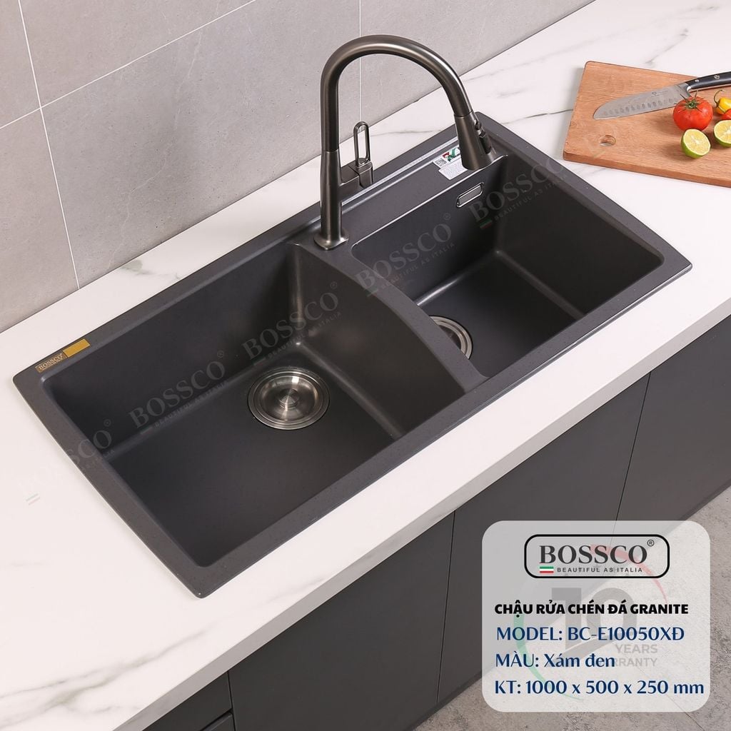 Chậu rửa chén Bossco BC-E10050XĐ 2 hộc xám đen