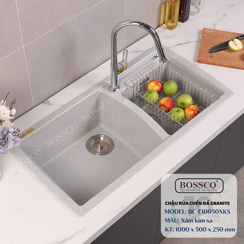 Chậu rửa chén Bossco BC-E10050XKS 2 hộc xám kim sa