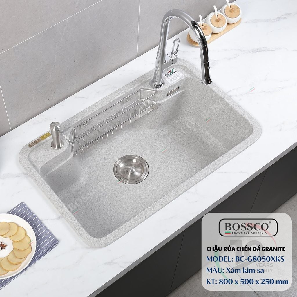 Chậu rửa chén Bossco BC-G8050XKS 1 hộc bo góc