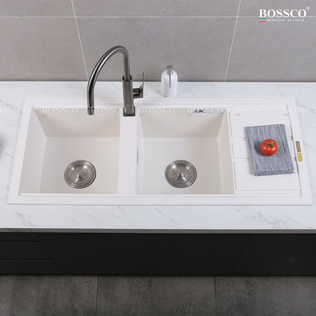 Chậu rửa chén Bossco BC-XT11650TKS 2 hộc trắng kim sa