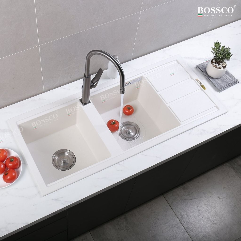 Chậu rửa chén Bossco BC-XT11650TKS 2 hộc trắng kim sa