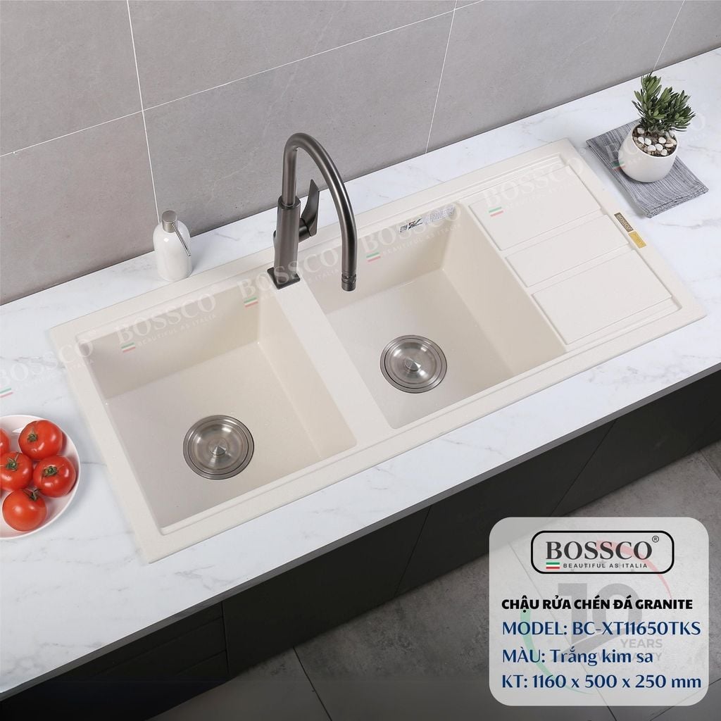 Chậu rửa chén Bossco BC-XT11650TKS 2 hộc trắng kim sa