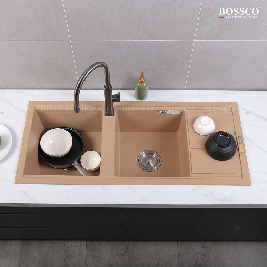 Chậu rửa chén Bossco BC-XT11650VK 2 hộc vàng kem kim sa