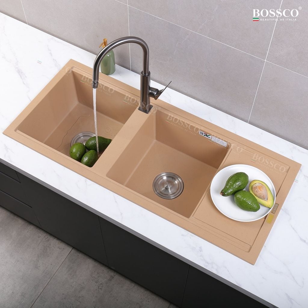Chậu rửa chén Bossco BC-XT11650VK 2 hộc vàng kem kim sa