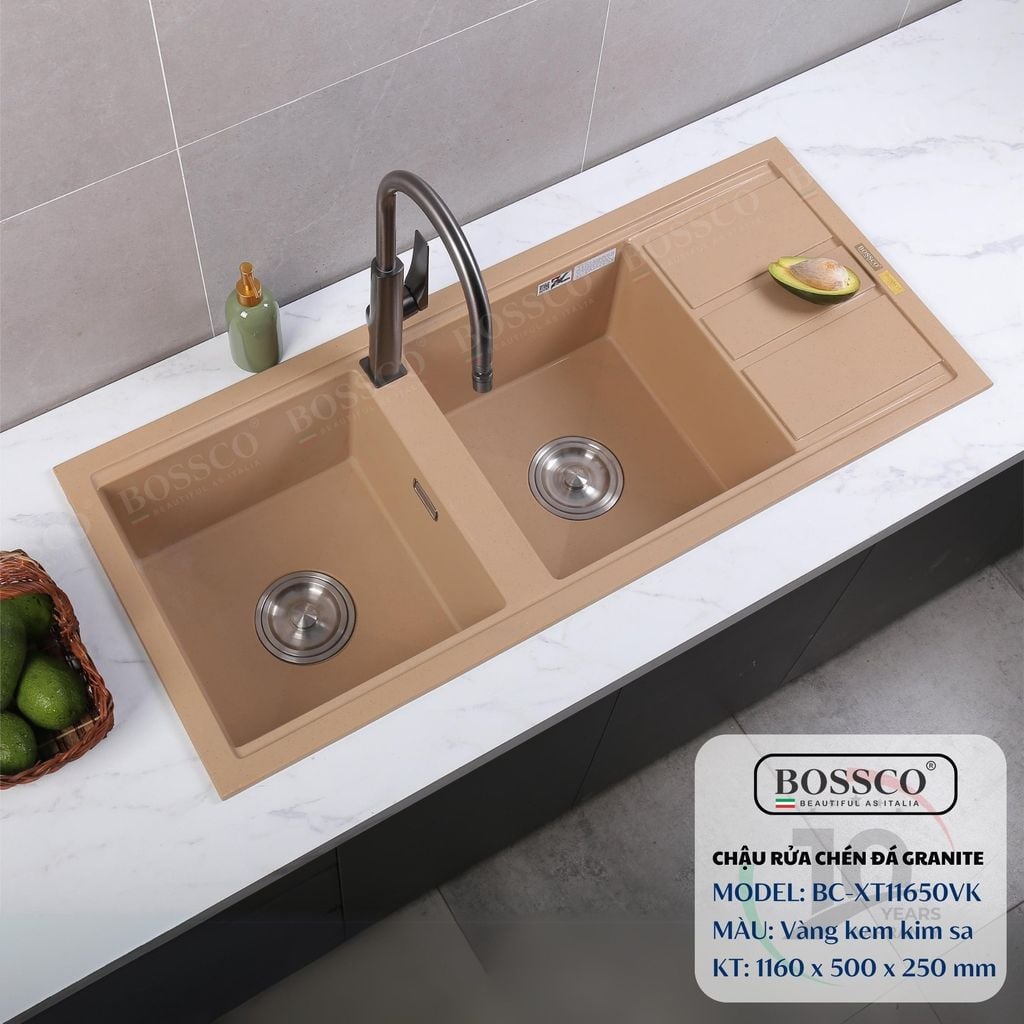 Chậu rửa chén Bossco BC-XT11650VK 2 hộc vàng kem kim sa