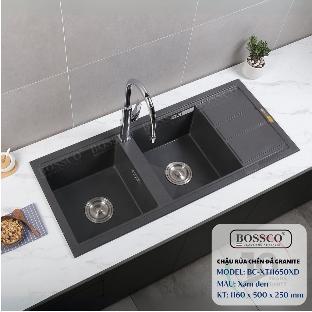 Chậu rửa chén Bossco BC-XT11650XĐ 2 hộc xám đen