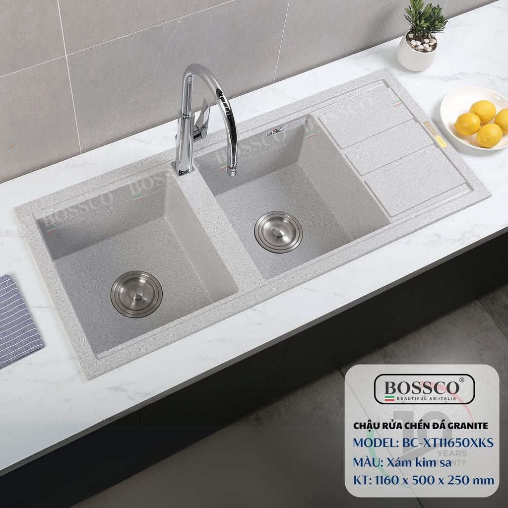 Chậu rửa chén Bossco BC-XT11650XKS 2 hộc xám kim sa