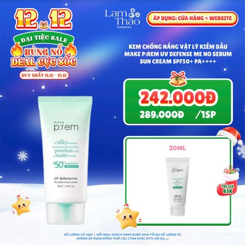  [DEAL SỐC 11.12 - 15.12 TẶNG SRM MAKE P:REM 20ML] Kem Chống Nắng Vật Lý Kiềm Dầu Make P:rem UV Defense Me No Sebum Sun Cream SPF50+ PA++++ 