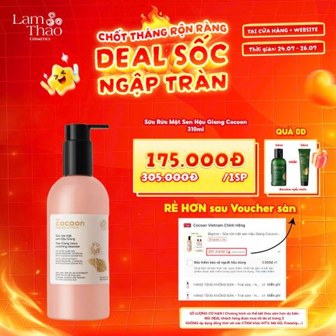  [DEAL SỐC 24.07 - 26.07 MUA SIZE 310ML TẶNG DẦU GỘI COCOON 5ML HOẶC DẦU XẢ COCOON 50ML] Sữa Rửa Mặt Sen Hậu Giang Cocoon Hau Giang Lotus Soothing Cleanser 