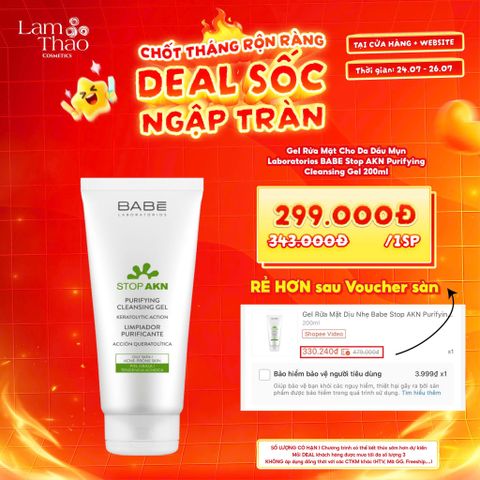  [DEAL SỐC 24.07 - 26.07 KHI MUA SIZE 200ML] Gel Rửa Mặt Cho Da Dầu Mụn Laboratorios BABE Stop AKN Purifying Cleansing Gel 
