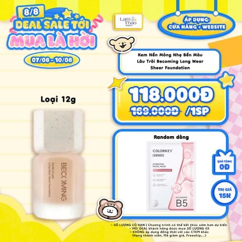 [DEAL 07/8 - 10/8 MUA SIZE 12G GIÁ SỐC] [Tặng 01 Mặt Nạ Dưỡng Ẩm Colorkey Hydrating Facial Mask] Kem Nền Mỏng Nhẹ Bền Màu Lâu Trôi Becoming Long Wear Sheer Foundation 