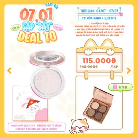  [DEAL 04/7 - 07/7 GIÁ SỐC] [DEAL 05/6 - 15/7 TẶNG 1 PHẤN MẮT MENOW] Phấn Phủ Dạng Nén Kiềm Dầu Che Phủ Hoàn Hảo Menow Matte Tulle Makeup Powder Viet Nam Edition 