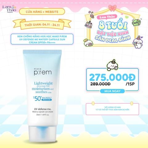  [DEAL SỐC 4.11 - 24.11] Kem Chống Nắng Hoá Học Cấp Ẩm Mỏng Nhẹ Make P:rem UV Defense Me Watery Capsule Sun Cream SPF50+ PA++++ 