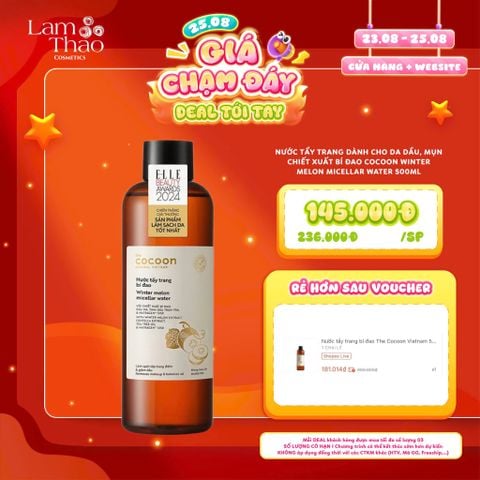  [DEAL SỐC 23.08 - 25.08 KHI MUA SIZE 500ML] Nước Tẩy Trang Dành Cho Da Dầu, Mụn Chiết Xuất Bí Đao Cocoon Winter Melon Micellar Water 