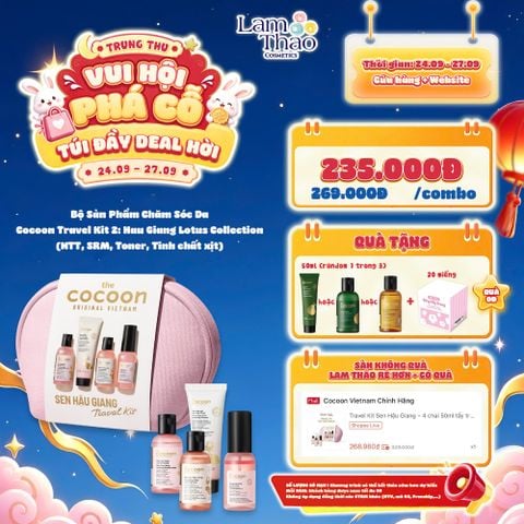  [DEAL SỐC 24.09 - 27.09 TẶNG HỘP BTT 20 MIẾNG + DẦU GỘI hoặc DẦU XẢ BƯỞI hoặc SỮA TẮM COCOON 50ML] Bộ Sản Phẩm Chăm Sóc Da Cocoon Travel Kit 2: Hau Giang Lotus Collection 