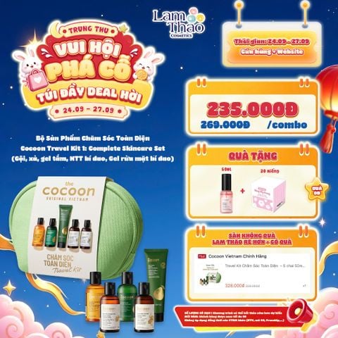  [DEAL SỐC 24.09 - 27.09 TẶNG HỘP BTT 20 MIẾNG + XỊT DƯỠNG SEN HẬU GIANG COCOON 50ML] Bộ Sản Phẩm Chăm Sóc Toàn Diện Cocoon Travel Kit 1: Complete Skincare Set 