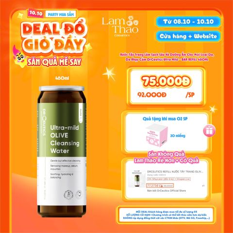  [DEAL SỐC 08.10 - 10.10 MUA 02 CHAI BẢN REFILL 480ML TẶNG HỘP BTT 20 MIẾNG] Nước Tẩy Trang Làm Sạch Sâu Và Dưỡng Ẩm Cho Mọi Loại Da, Da Nhạy Cảm DrCeutics Ultra Mild Olive Cleansing Water 