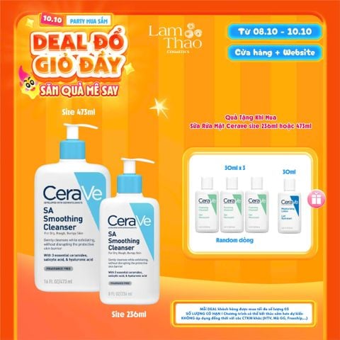  [DEAL SỐC 08.10 - 10.10 MUA SIZE 236ML HOẶC 473ML TẶNG 03 SRM CERAVE 30ML + SỮA DƯỠNG CERAVE 30ML] [KHÔNG ÁP DỤNG HTV] Sữa Rửa Mặt Dành Cho Da Nhạy Cảm Cerave SA Smoothing Cleanser 