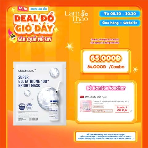  [DEAL SỐC 08.10 - 10.10 KHI MUA COMBO 03 MASK] Mặt Nạ Dưỡng Sáng Mờ Thâm Sur.Medic+ Super Glutathione 100TM Bright Sheet Mask 