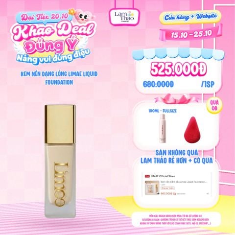  [DEAL SỐC 15.10 - 15.10 TẶNG XỊT KHÓA NỀN SEA MAKEUP 100ML + BÔNG MÚT GLORIE] Kem Nền Kiềm Dầu Limae Liquid Foundation 
