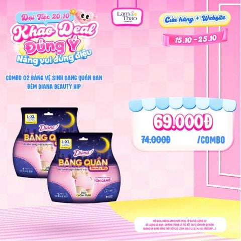  [DEAL SỐC 15.10 - 15.10 KHI MUA 02 GÓI SIZE L-XL 2 MIẾNG] Băng Vệ Sinh Dạng Quần Ban Đêm Diana Beauty Hip 