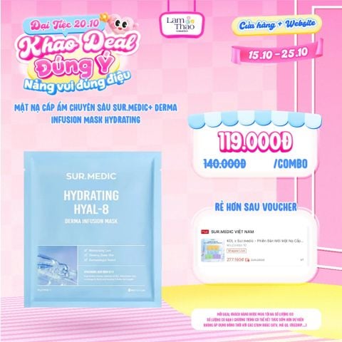  [DEAL SỐC 15.10 - 25.10 KHI MUA COMBO 05 MASK] Mặt Nạ Cấp Ẩm Chuyên Sâu Sur.Medic+ Derma Infusion Mask Hydrating Hyal-8 