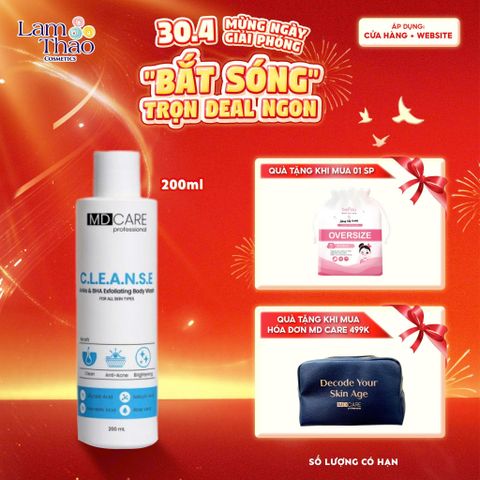  [TẶNG BTT BEFOU OVERSIZE 50 MIẾNG] [HĐ MD CARE 499K TẶNG 01 TÚI DA] Sữa Tắm Hỗ Trợ Tẩy Tế Bào Da Chết Và Giảm Mụn MD CARE C.L.E.A.N.S.E AHAs & BHA Exfoliating Body Wash 