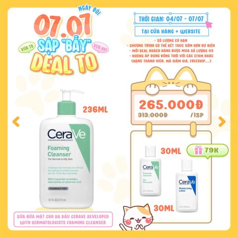  [DEAL 04/7 - 07/7 MUA SIZE 236ML TẶNG 01 SRM CERAVE DA DẦU 30ML + LOTION 30ML] Sữa Rửa Mặt Cho Da Dầu Cerave Developed With Dermatologists Foaming Cleanser 