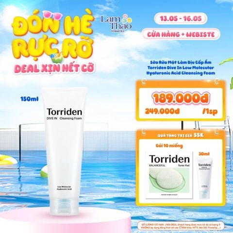  [DEAL SỐC 13.05 - 16.05 MUA SIZE 150ML TẶNG GÓI TONER PAD 10 MIẾNG + SRM TORRIDEN 30ML] Sữa Rửa Mặt Làm Dịu Cấp Ẩm Torriden Dive In Low Molecular Hyaluronic Acid Cleansing Foam 