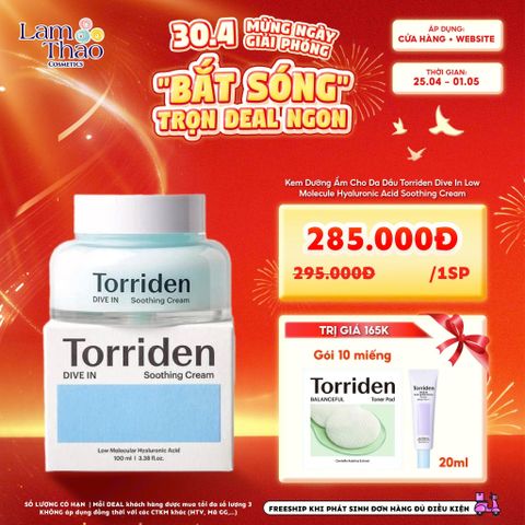  [DEAL SỐC 25.04 - 01.05 TẶNG 01 KCN 20ML + 01 GÓI TONER PAD TORRIDEN 10 MIẾNG] Kem Dưỡng Ẩm Cho Da Dầu Torriden Dive In Low Molecule Hyaluronic Acid Soothing Cream 