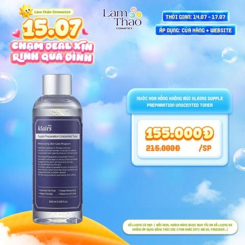  [DEAL SỐC 14.07 - 17.07 KHI MUA SIZE 180ML] Nước Hoa Hồng Không Mùi Klairs Supple Preparation Unscented Toner 