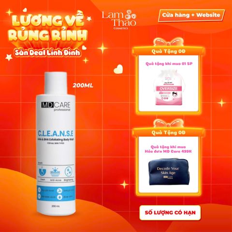  [TẶNG BTT BEFOU 50 MIẾNG][MUA HĐ MD CARE 499K TẶNG 01 TÚI DA ĐỰNG MỸ PHẨM] Sữa Tắm Hỗ Trợ Tẩy Tế Bào Da Chết Và Giảm Mụn MD CARE C.L.E.A.N.S.E AHAs & BHA Exfoliating Body Wash 