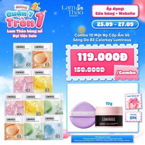  [DEAL SỐC 25.9 - 27.9 COMBO 10 MASK TẶNG MÚT ĐÁNH NỀN COLORKEY + MẶT NẠ ĐẤT SÉT COLORKEY 10G] Mặt Nạ Cấp Ẩm Và Sáng Da B3 Colorkey Luminous B3 Brightening & Hydrating Facial Mask - Tremella 