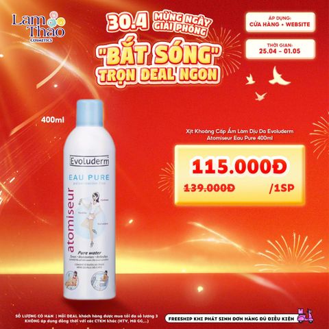 [DEAL SỐC 25.04 - 01.05 SIZE 400ML] Xịt Khoáng Cấp Ẩm Làm Dịu Da Evoluderm Atomiseur Eau Pure 