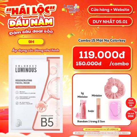  [FLASH SALE 05.01 KHUNG 9H - 11H COMBO 15 MASK TẶNG SON MINI + KHĂN TẨY TRANG + CỘT TÓC COLORKEY] Mặt Nạ Tái Tạo Da Colorkey Luminous Regenerating Facial Mask 