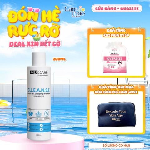  [TẶNG BTT BEFOU 30 MIẾNG][MUA HĐ MD CARE 499K TẶNG 01 TÚI DA ĐỰNG MỸ PHẨM] Sữa Tắm Hỗ Trợ Tẩy Tế Bào Da Chết Và Giảm Mụn MD CARE C.L.E.A.N.S.E AHAs & BHA Exfoliating Body Wash 