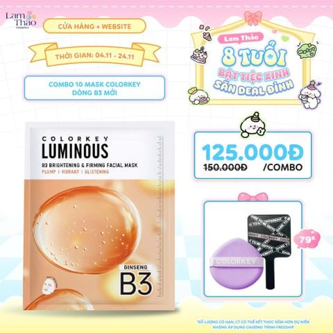  [DEAL SỐC 4.11 - 24.11 COMBO 10 MASK TẶNG BÔNG MÚT NỀN + GƯƠNG COLORKEY] Mặt Nạ Săn Chắc Và Sáng Da B3 Colorkey Luminous B3 Brightening & Firming Facial Mask - Ginseng 