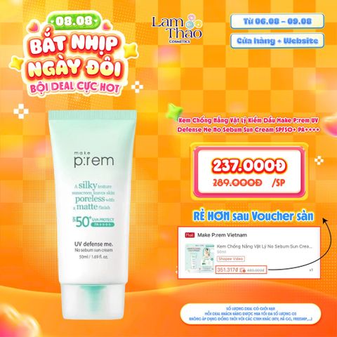  [DEAL SỐC 06.08 - 09.08] Kem Chống Nắng Vật Lý Kiềm Dầu Make P:rem UV Defense Me No Sebum Sun Cream SPF50+ PA++++ 