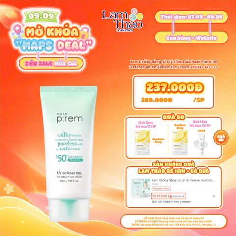  [DEAL SỐC 07.09 - 09.09 MUA 1 TẶNG MẶT NẠ MAKE P:REM ---- MUA 2 TẶNG MẶT NẠ + SRM MAKE P:REM 20ML] Kem Chống Nắng Vật Lý Kiềm Dầu Make P:rem UV Defense Me No Sebum Sun Cream SPF50+ PA++++ 