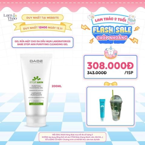  [DUY NHẤT WEB 13.11 TẶNG SON DƯỠNG MÔI BABE + LY NHỰA 2 LỚP] Gel Rửa Mặt Cho Da Dầu Mụn Laboratorios BABE Stop AKN Purifying Cleansing Gel 