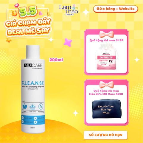 [TẶNG BTT BEFOU OVERSIZE 50 MIẾNG] [HĐ MD CARE 499K TẶNG 01 TÚI DA] Sữa Tắm Hỗ Trợ Tẩy Tế Bào Da Chết Và Giảm Mụn MD CARE C.L.E.A.N.S.E AHAs & BHA Exfoliating Body Wash 