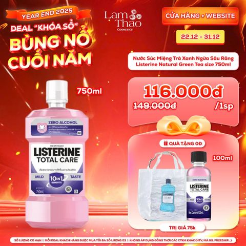 [DEAL SỐC 22.12 - 31.12 MUA SIZE 750ML TẶNG NƯỚC SÚC MIỆNG 100ML + TÚI TOTE] Nước Súc Miệng Listerine Total Care Zero Alcohol Mouthwash 
