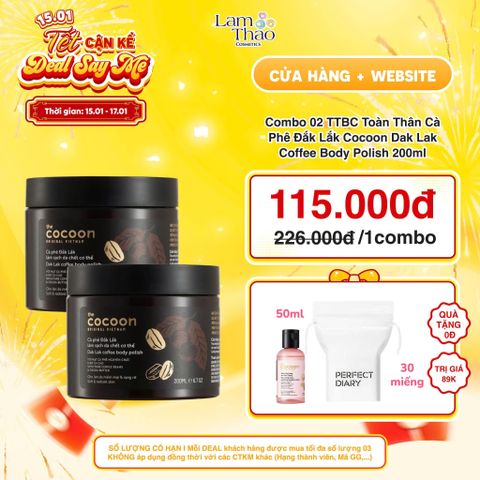  [DEAL SỐC 15.01 - 17.01 COMBO 02 HŨ 200ML TẶNG NTT SEN 50ML + BTT 30 MIẾNG] Tẩy Tế Bào Chết Toàn Thân Cà Phê Đắk Lắk Cocoon Dak Lak Coffee Body Polish 