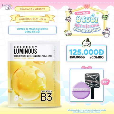  [DEAL SỐC 4.11 - 24.11 COMBO 10 MASK TẶNG BÔNG MÚT NỀN + GƯƠNG COLORKEY] Mặt Nạ Se Khít Lỗ Chân Lông Và Sáng Da B3 Colorkey Luminous B3 Brightening & Pore Minimizing Facial Mask - Calendula 