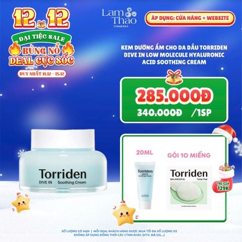  [DEAL SỐC 11.12 - 15.12 TẶNG KEM DƯỠNG 20ML + GÓI TONER PAD 10 MIẾNG] Kem Dưỡng Ẩm Cho Da Dầu Torriden Dive In Low Molecule Hyaluronic Acid Soothing Cream 