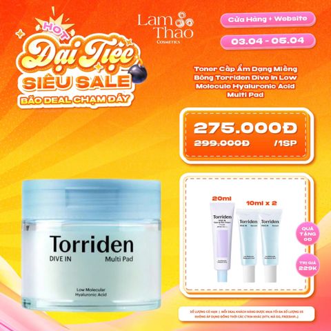  [DEAL SỐC 03.04 - 05.04 TẶNG 01 KEM CHỐNG NẮNG 20ML + 02 SERUM TORRIDEN 10ML] Toner Cấp Ẩm Dạng Miếng Bông Torriden Dive In Low Molecule Hyaluronic Acid Multi Pad 