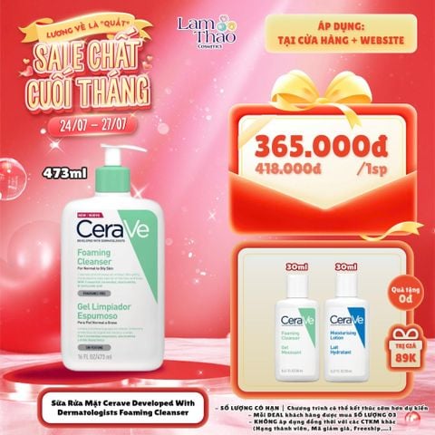 [DEAL 24/7 - 27/7 MUA SIZE 473ML TẶNG 1 SỮA DƯỠNG 30ML + SRM 30ML] Sữa Rửa Mặt Cho Da Dầu Cerave Developed With Dermatologists Foaming Cleanser 