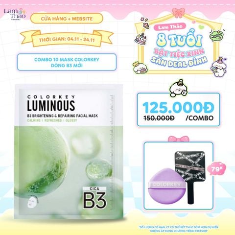  [DEAL SỐC 4.11 - 24.11 COMBO 10 MASK TẶNG BÔNG MÚT NỀN + GƯƠNG COLORKEY] Mặt Nạ Phục Hồi Và Sáng Da B3 Colorkey Luminous B3 Brightening & Repairing Facial Mask - Cica 