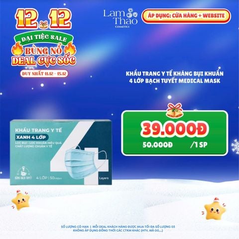  [DEAL SỐC 11.12 - 15.12 MÀU XANH] Khẩu Trang Y Tế Kháng Bụi Khuẩn 4 Lớp Bạch Tuyết Medical Mask 