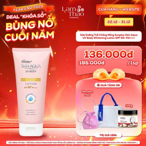  [DEAL SỐC 22.12 - 31.12 TẶNG TÚI ĐEO CHÉO + TÚI CANVAS + TTBC 100ML] Sữa Dưỡng Thể Chống Nắng Trắng Mịn Sunplay Skin Aqua UV Body Whitening Lotion SPF 50+ PA++++ 